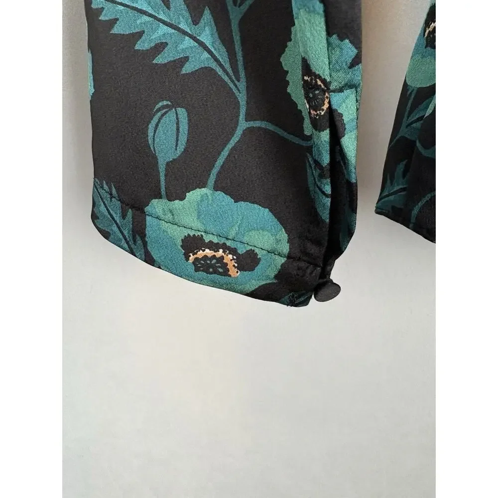 J. Crew Satin Back Crepe Button-front Blouse 0 Black Green Floral V-Neck NWT - Picture 12 of 12
